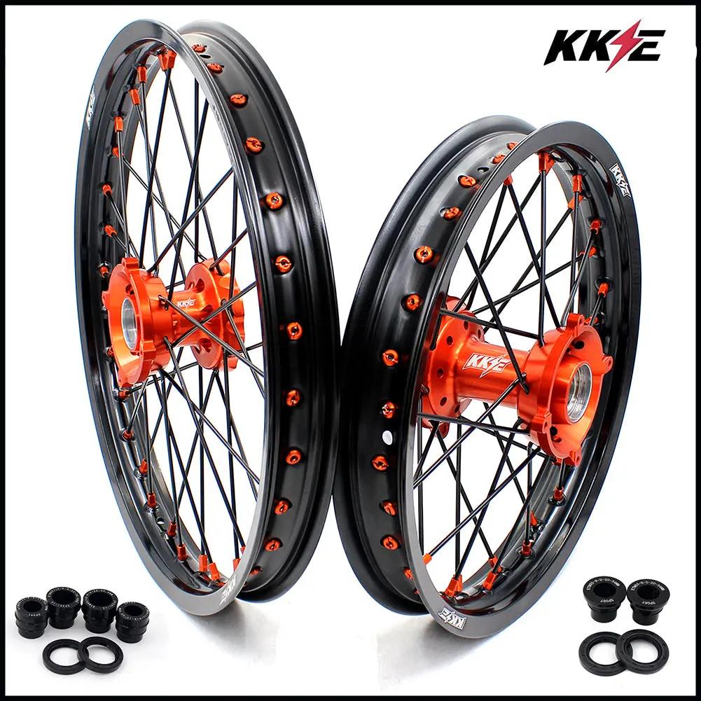 Kke 19"*1.6/16"*1.85 Big Kid's Wheels Rims Set For Ktm Sx85 2021 2022 2023 2024 Orange Nipples & Black Spokes 1