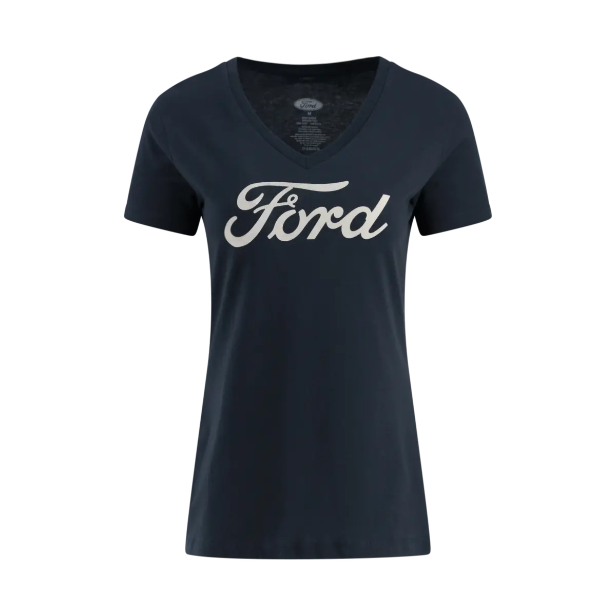 Ford Script Logo Womens Navy Blue V Neck T-Shirt 1
