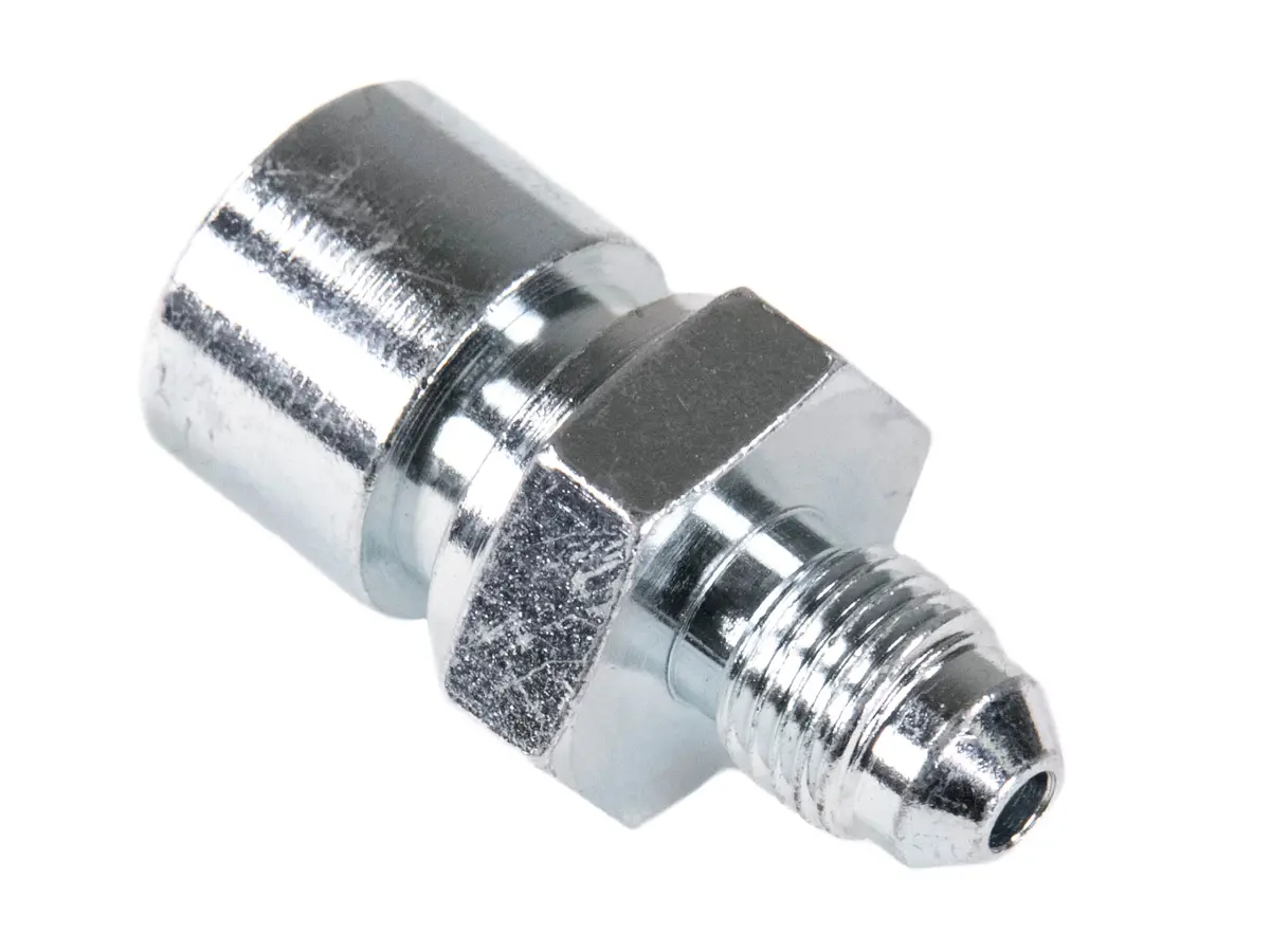 Brake Hardline Fitting, Male -3 An To Female 7/16-24 Female Inverted Flare, Steel, Zinc Plated, Each 650204 Fragola 1