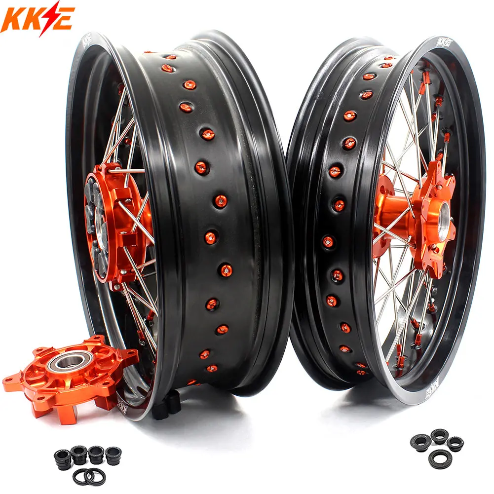 Kke 3.5/5.0 Cush Drive Supermoto Wheels For Ktm 625 Smc  640 Lc4 660 Smc Orange Nipples 1