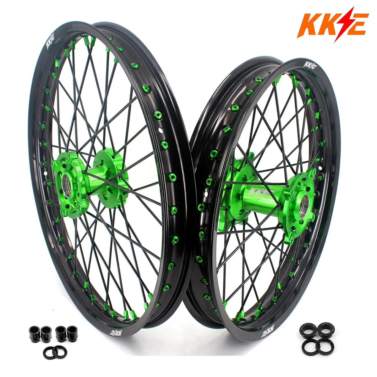 Kke 1.6*21 & 2.15*19 Wheels Rims Fit Kawasaki Kx450 2019-2025 Kx450x 2021-2025 Green Nipples & Black Spokes 1