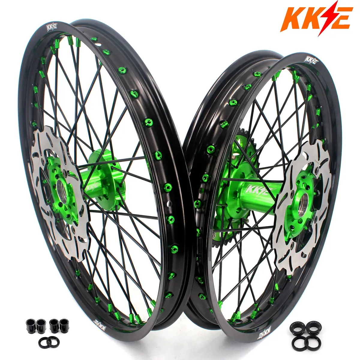 Kke 21/18 Spoked Wheels Rims For Kawasaki Kx125 Kx250 2003 2004 2005 Black Spokes 1