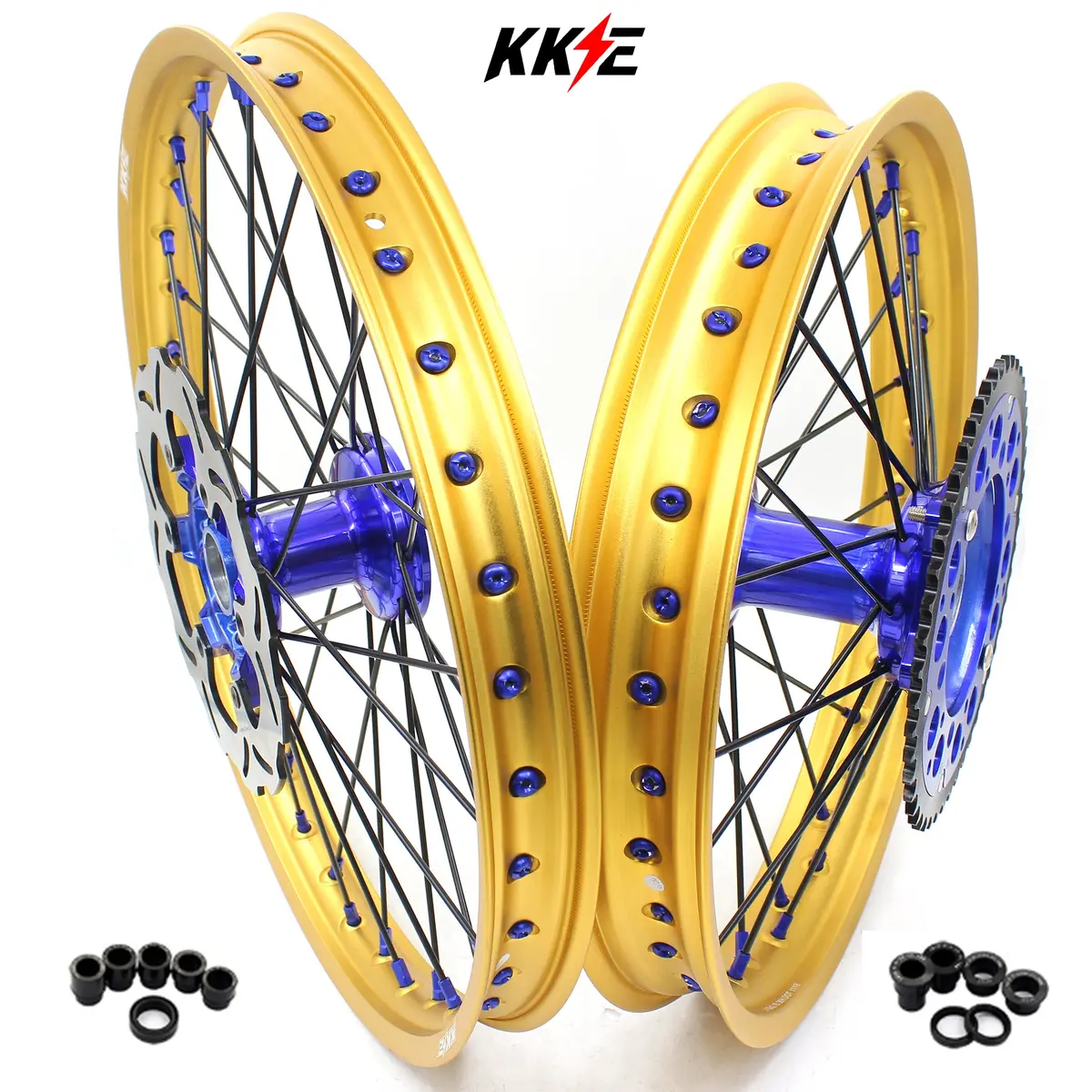 Kke 21"&19" Mx Dirtbike Cast Wheels For Yamaha Yz125 Yz250 1999-2016 Yz250f Yz450f 2003-2015 Gold Rim Black Spokes With Disc 1