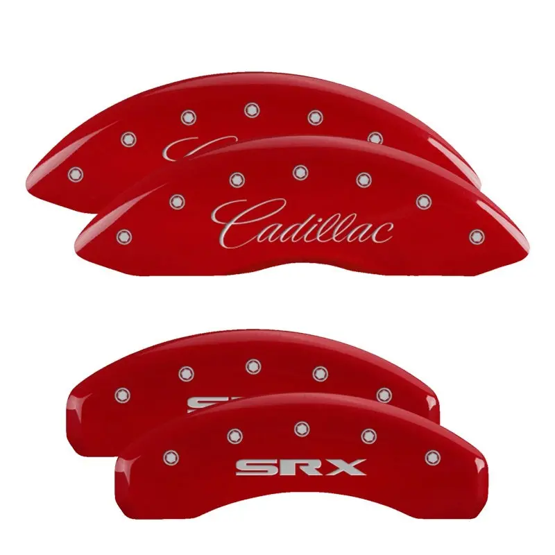 Mgp Front & Rear Caliper Covers – Engraved Cursive Script (Front), Cadillac Srx Logo (Rear), Red Accent On Silver Base 1