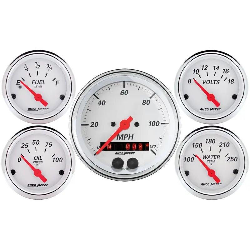 Autometer Arctic White Electric Speedometer Gauge (3-3/8") With Dual 2-1/16" Volt, Oil, Water & Fuel Gauges 1